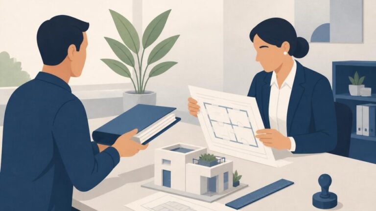 Arquitecta revisa el plano de una vivienda mientras un propietario entrega documentos en una oficina.