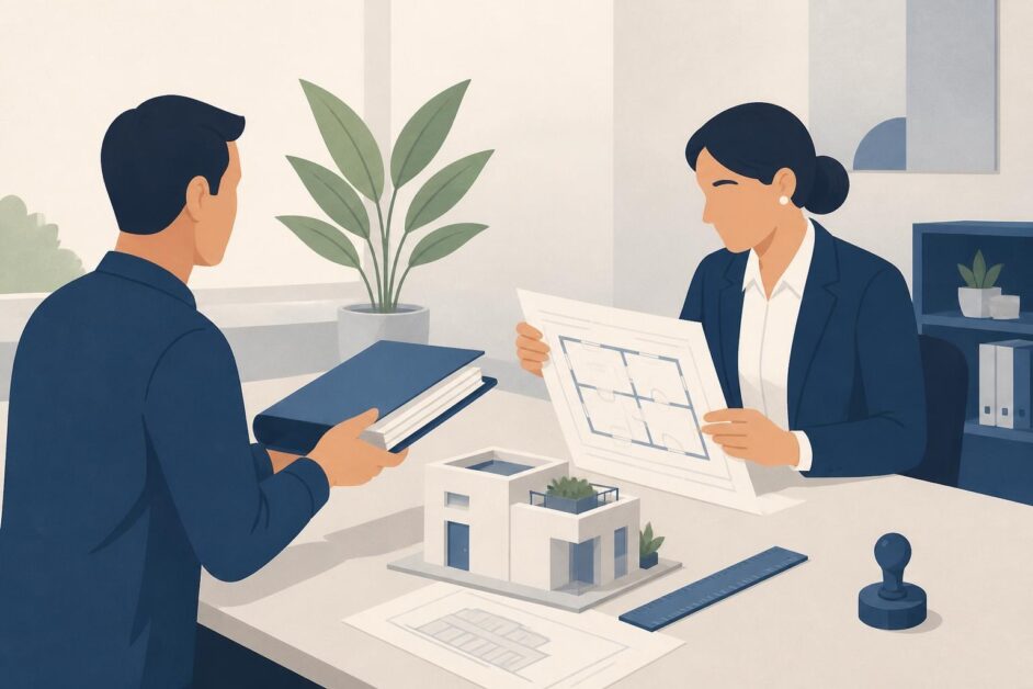 Arquitecta revisa el plano de una vivienda mientras un propietario entrega documentos en una oficina.