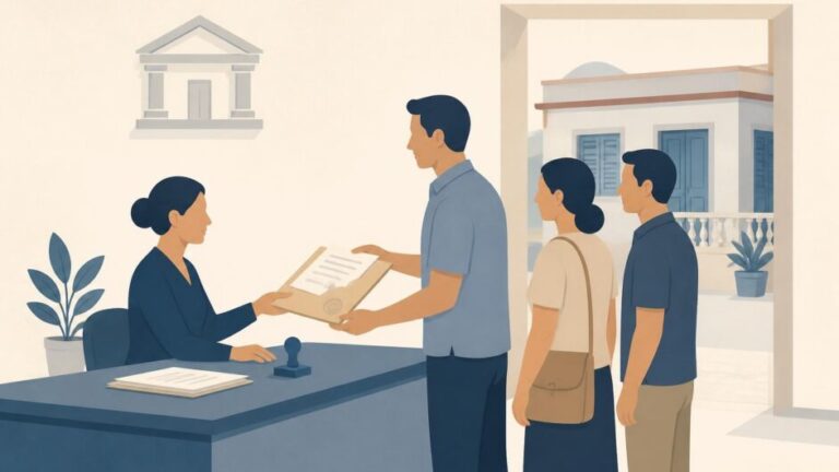 Persona entrega documentos para reclamar la propiedad de una vivienda en una oficina municipal.