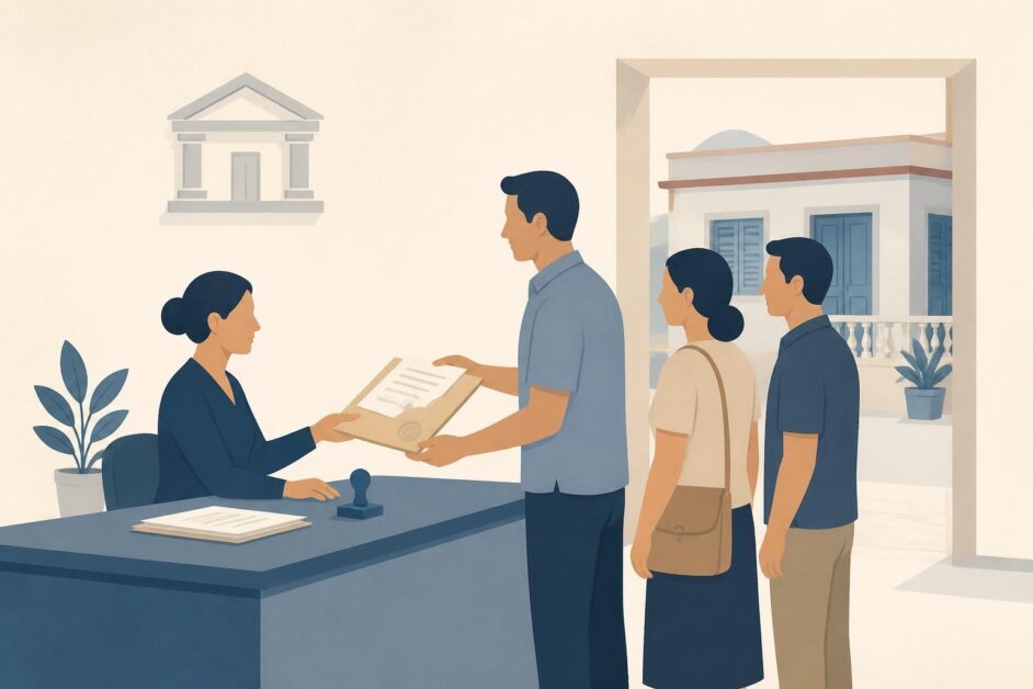 Persona entrega documentos para reclamar la propiedad de una vivienda en una oficina municipal.