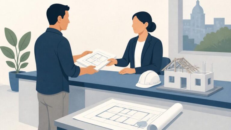 Persona entrega planos de una vivienda en una oficina de ordenamiento territorial.