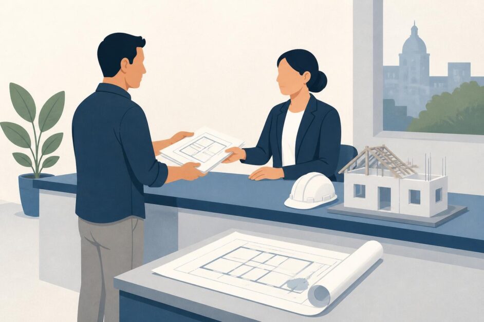 Persona entrega planos de una vivienda en una oficina de ordenamiento territorial.