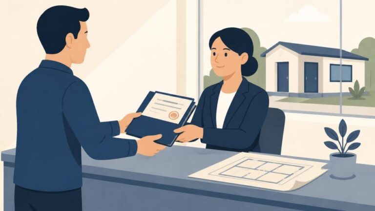 Persona entrega documentos a una funcionaria para certificar una vivienda terminada.