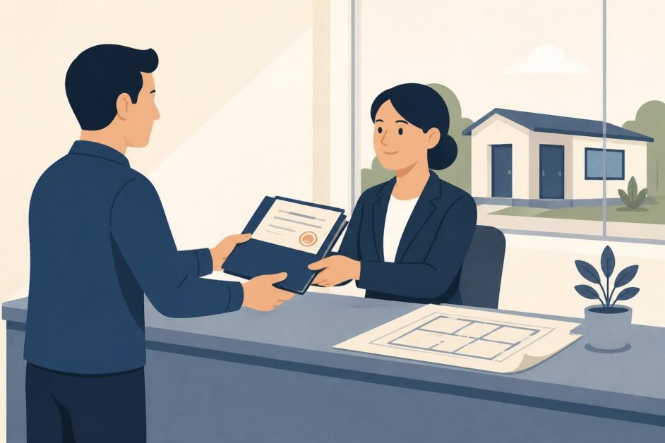 Persona entrega documentos a una funcionaria para certificar una vivienda terminada.