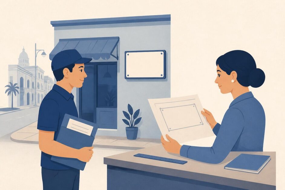 Trabajador presenta documentos mientras se revisa un cartel sin texto para la fachada de un local.