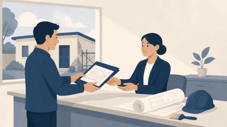 Persona entrega un plano de reparación de vivienda a una funcionaria en una oficina municipal.