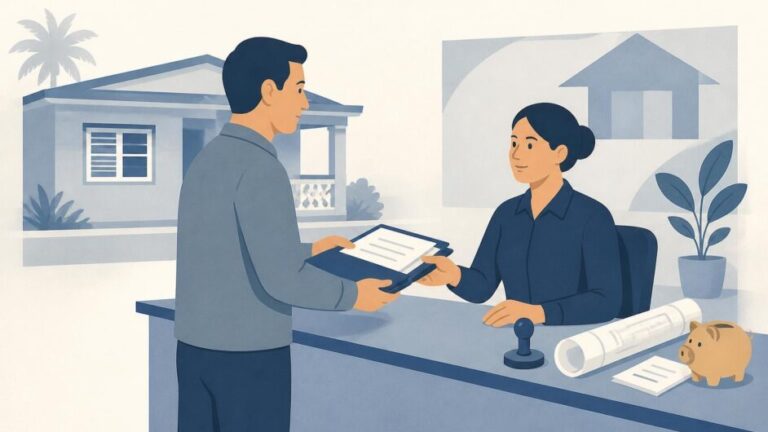 Persona entrega documentos en una oficina de vivienda con una casa y un plano técnico al fondo.