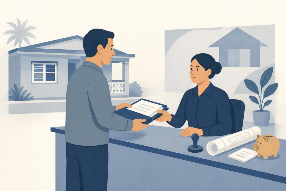 Persona entrega documentos en una oficina de vivienda con una casa y un plano técnico al fondo.