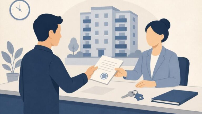 Persona entrega un contrato y llaves a una funcionaria en una oficina de vivienda, con un edificio residencial al fondo.