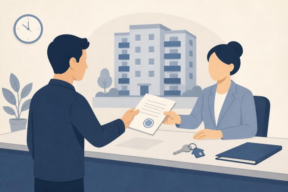 Persona entrega un contrato y llaves a una funcionaria en una oficina de vivienda, con un edificio residencial al fondo.