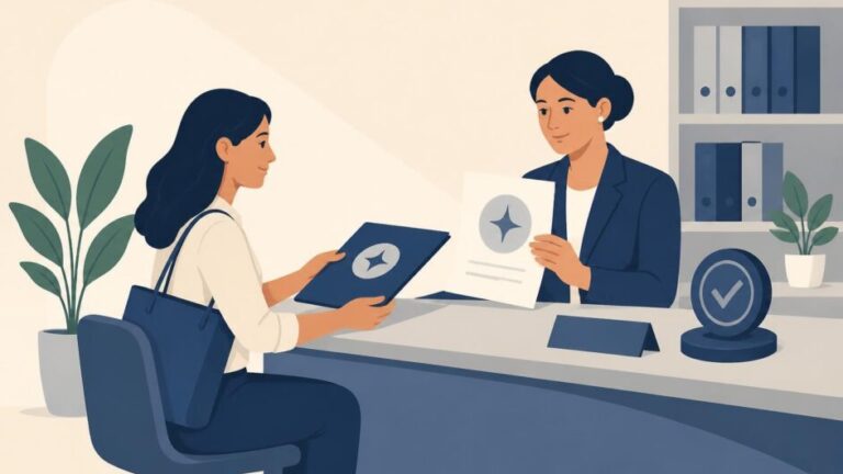 Emprendedora entrega documentos de registro de marca a una especialista en una oficina.