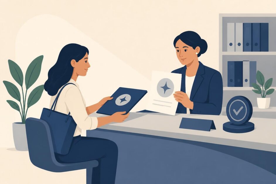 Emprendedora entrega documentos de registro de marca a una especialista en una oficina.