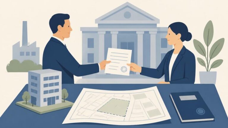 Funcionarios presentan documentos y un plano catastral para registrar un inmueble destinado a inversión extranjera.