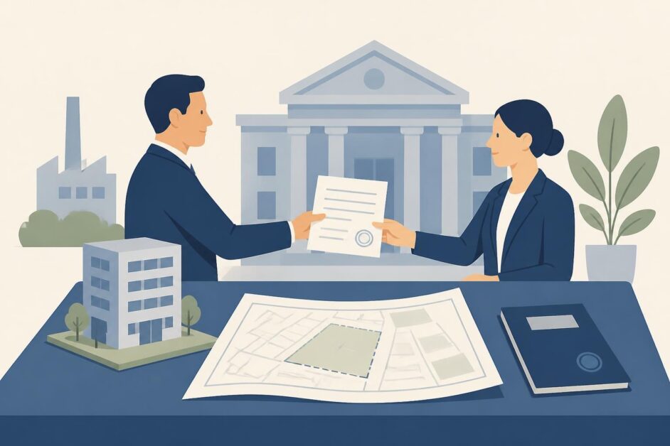 Funcionarios presentan documentos y un plano catastral para registrar un inmueble destinado a inversión extranjera.