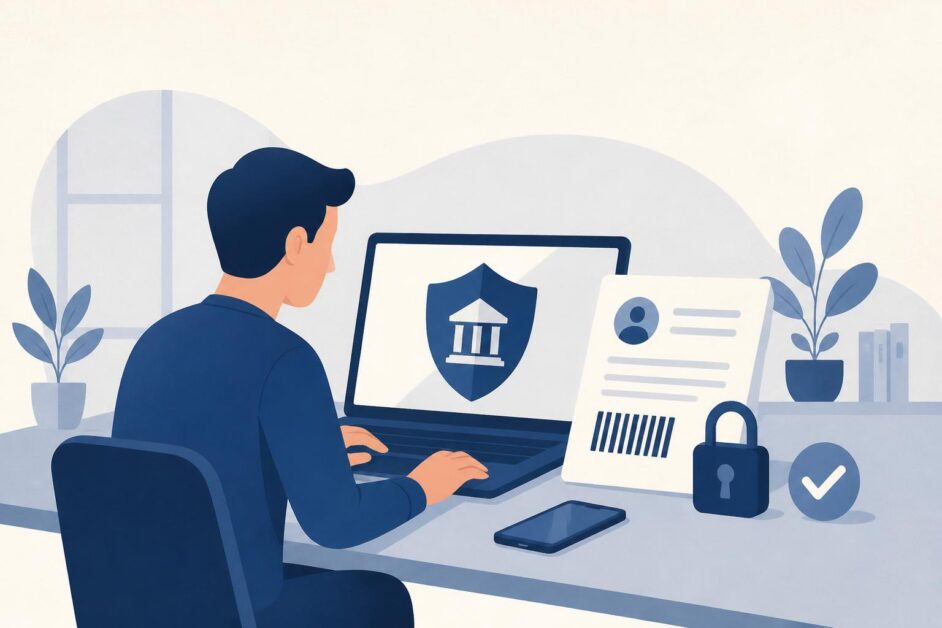 Persona registra sus datos tributarios en un ordenador junto a un documento con código de barras y un candado.