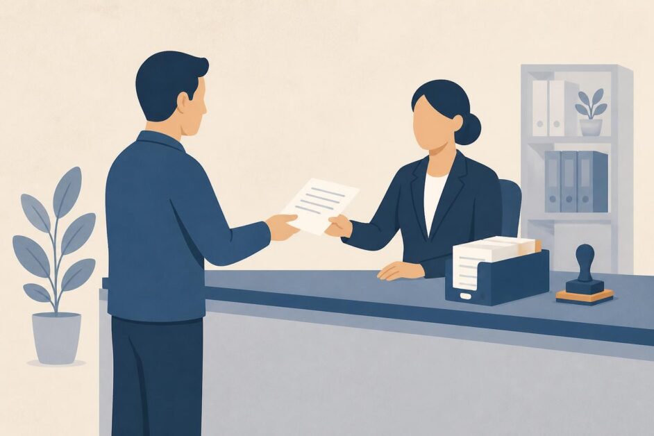 Persona entrega documentos de reclamación en un mostrador de administración tributaria.