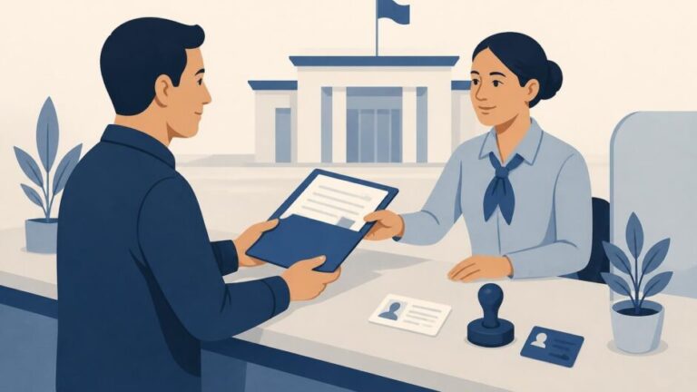 Persona entrega documentos a un funcionario en una oficina tributaria.