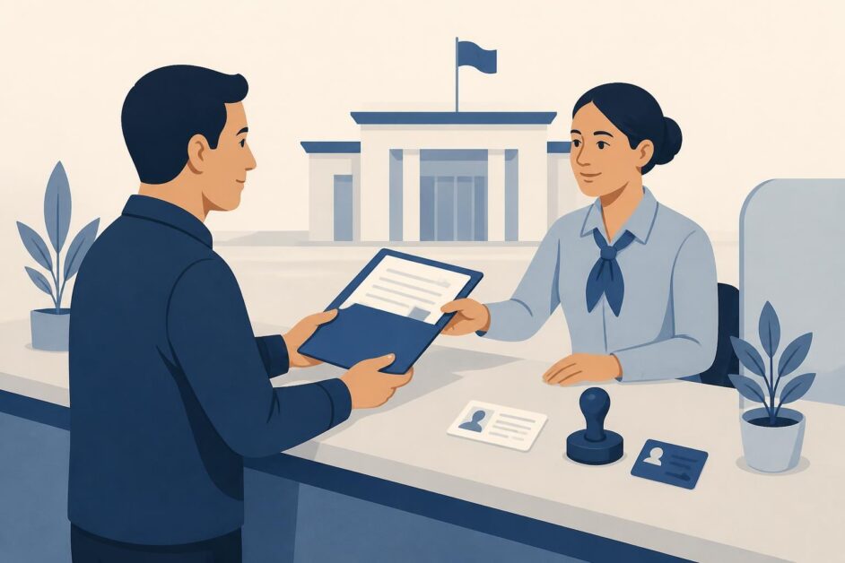 Persona entrega documentos a un funcionario en una oficina tributaria.