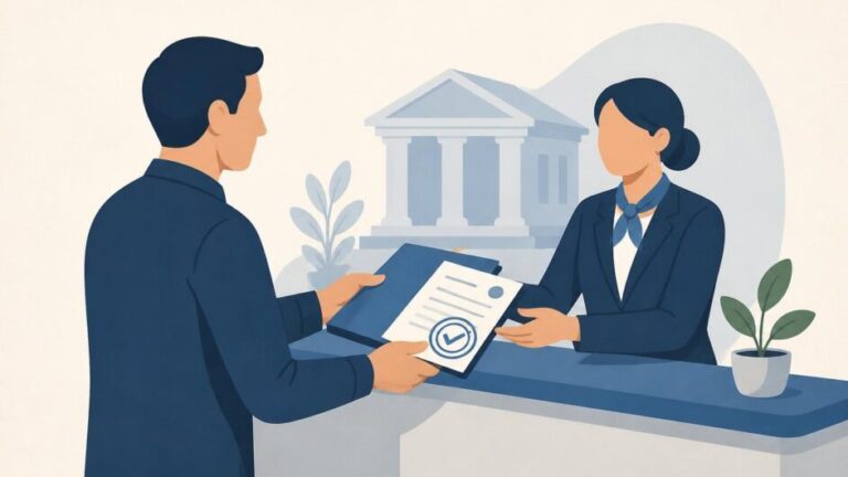 Contribuyente entrega documentos de pago a una funcionaria tributaria en una oficina, con un banco al fondo.