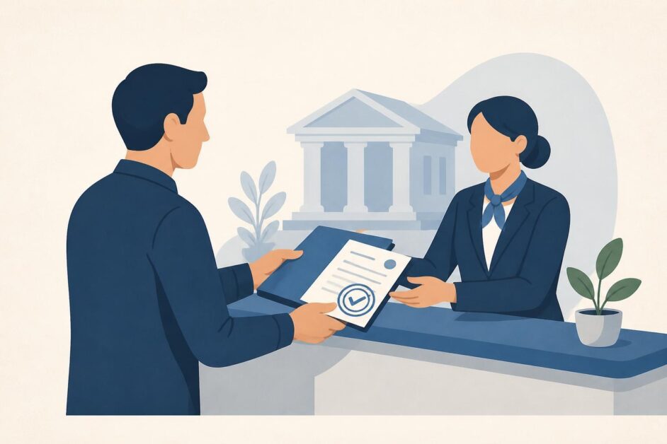 Contribuyente entrega documentos de pago a una funcionaria tributaria en una oficina, con un banco al fondo.