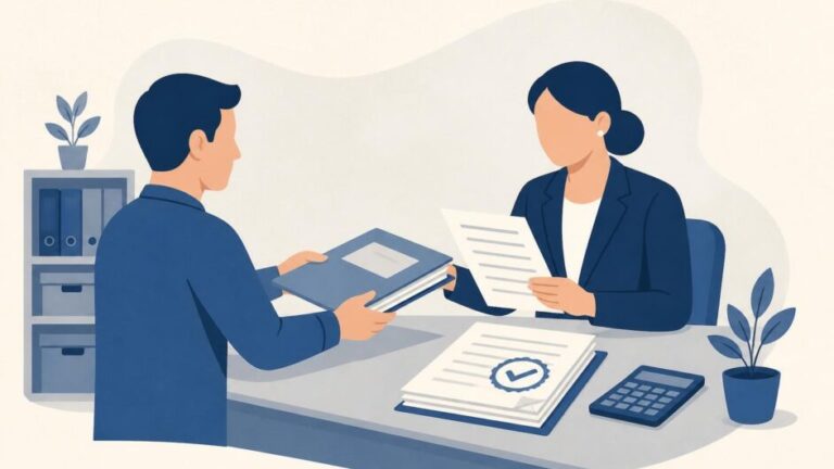 Contribuyente entrega documentos tributarios a una funcionaria que revisa una solicitud en oficina.