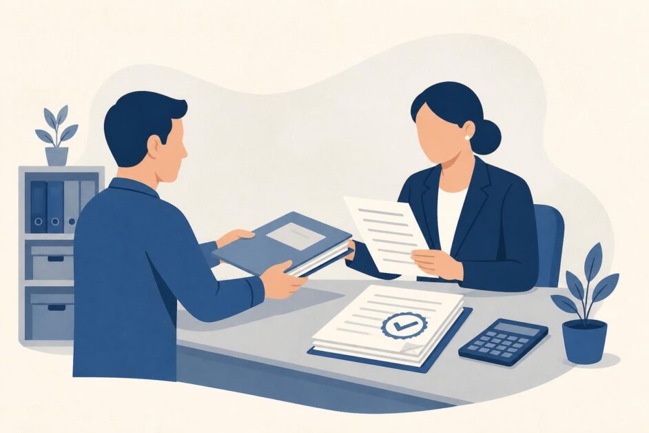 Contribuyente entrega documentos tributarios a una funcionaria que revisa una solicitud en oficina.