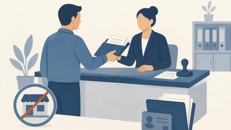 Persona entrega documentos para formalizar la baja fiscal en una oficina tributaria.