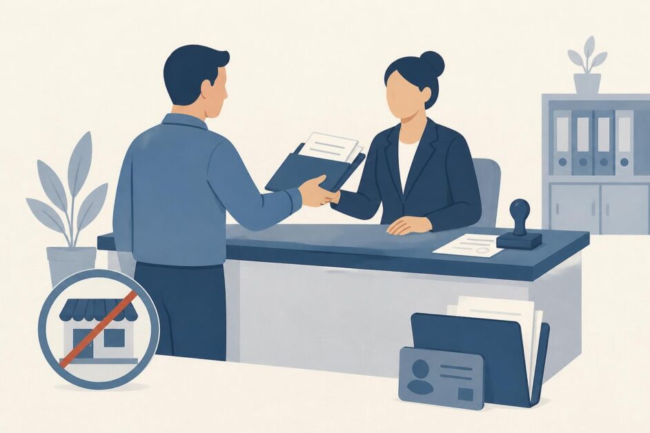Persona entrega documentos para formalizar la baja fiscal en una oficina tributaria.