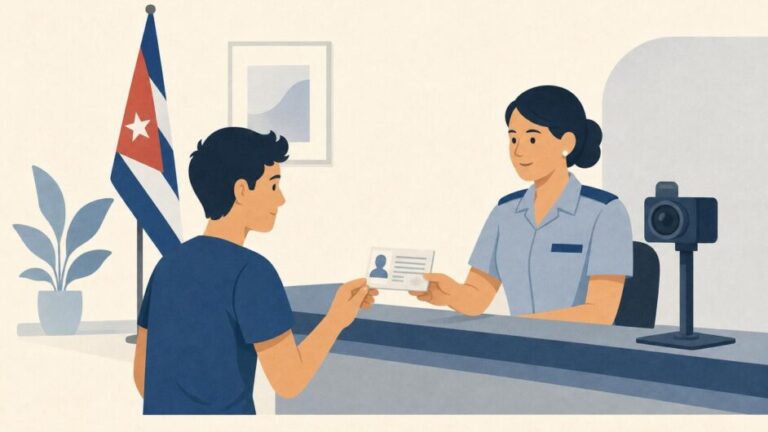 Persona joven entrega documentos a una funcionaria en una oficina de identificación.