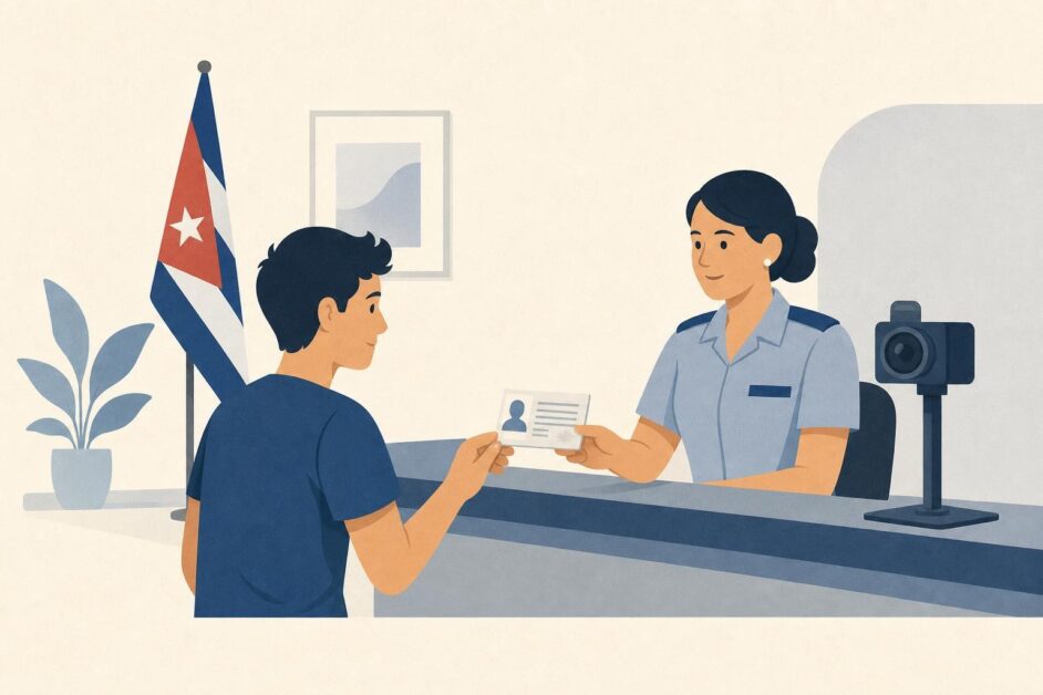 Persona joven entrega documentos a una funcionaria en una oficina de identificación.