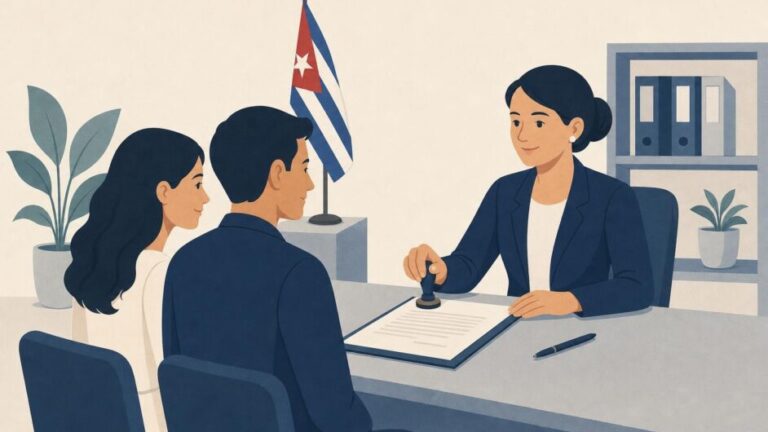Pareja adulta firma documentos de matrimonio ante una funcionaria en una oficina.