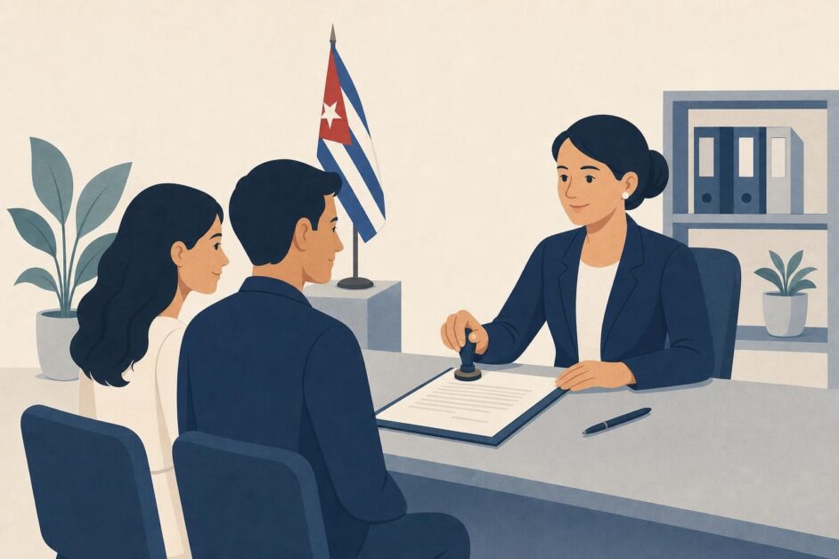 Pareja adulta firma documentos de matrimonio ante una funcionaria en una oficina.