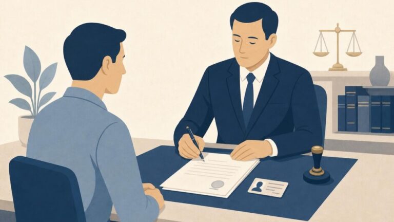 Persona firma un testamento ante un notario en una oficina.