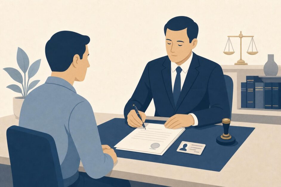 Persona firma un testamento ante un notario en una oficina.