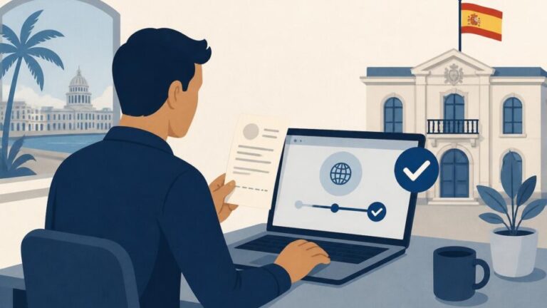 Persona consulta en una computadora el estado de un trámite consular mientras sostiene un resguardo.