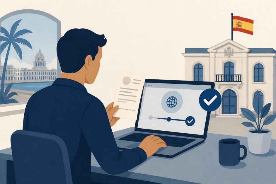 Persona consulta en una computadora el estado de un trámite consular mientras sostiene un resguardo.