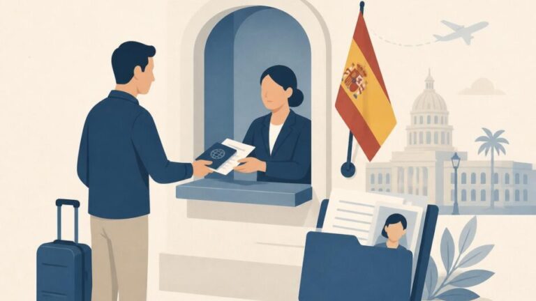 Persona presenta pasaporte y documentos en una ventanilla del Consulado de España, con una maleta de viaje.