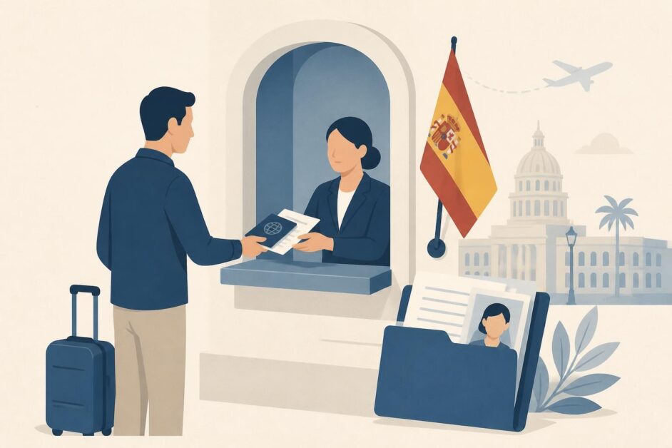 Persona presenta pasaporte y documentos en una ventanilla del Consulado de España, con una maleta de viaje.