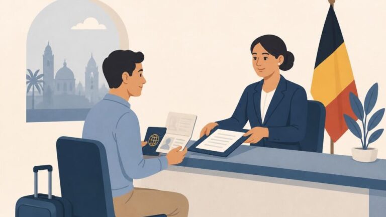 Persona presenta su pasaporte y documentos en un mostrador consular para viajar a Bélgica.