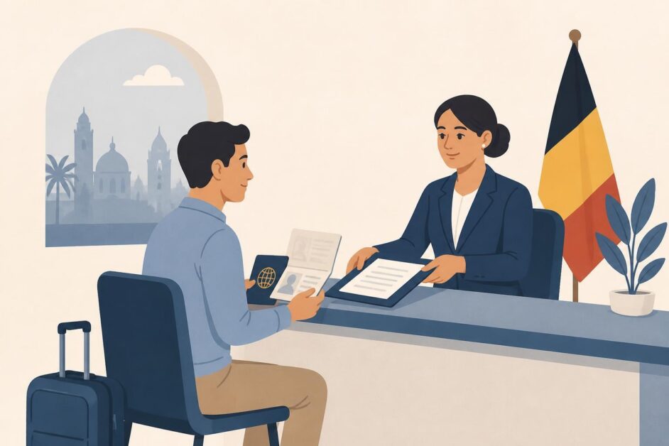 Persona presenta su pasaporte y documentos en un mostrador consular para viajar a Bélgica.