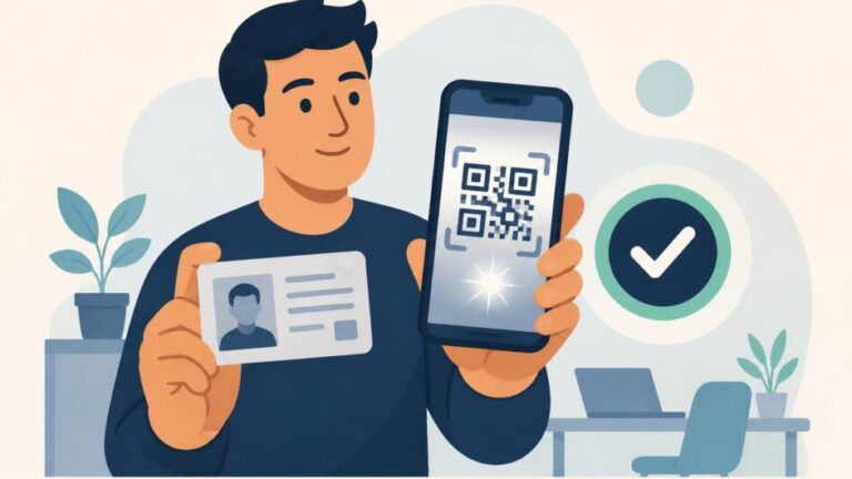 Persona usando un teléfono Android para validar su identidad con un carné y un código QR.