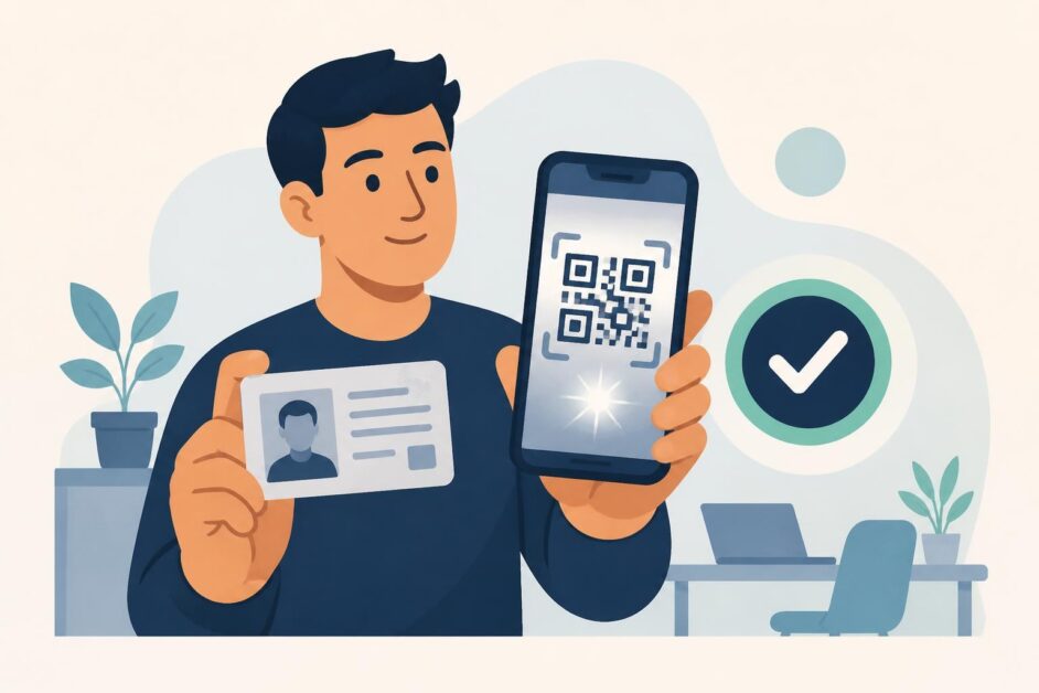 Persona usando un teléfono Android para validar su identidad con un carné y un código QR.