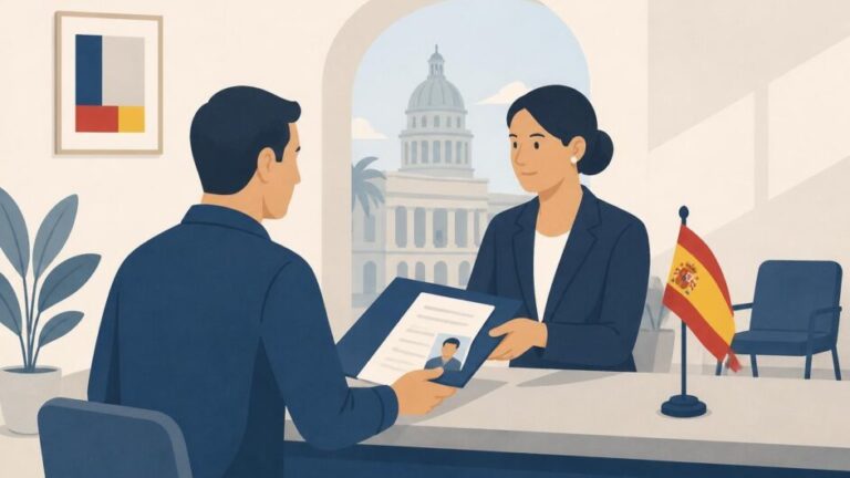 Ciudadano entrega documentos a una funcionaria en una oficina consular de España en La Habana.