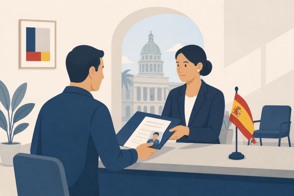 Ciudadano entrega documentos a una funcionaria en una oficina consular de España en La Habana.