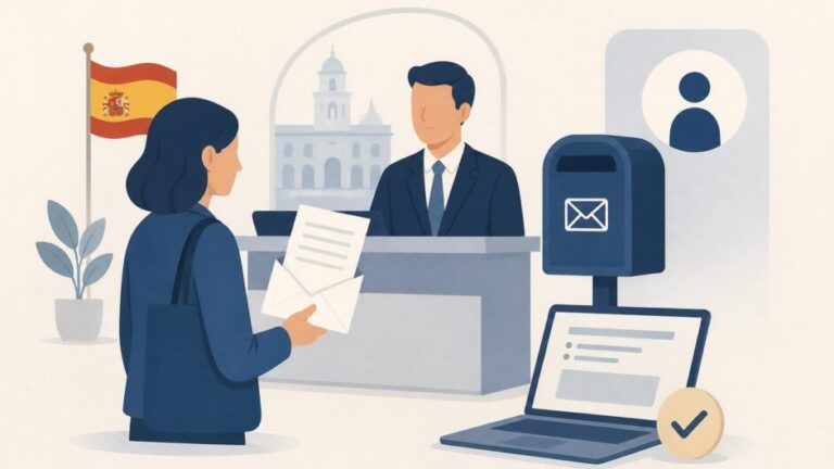 Persona entrega un escrito en un mostrador consular junto a un buzón y una computadora.