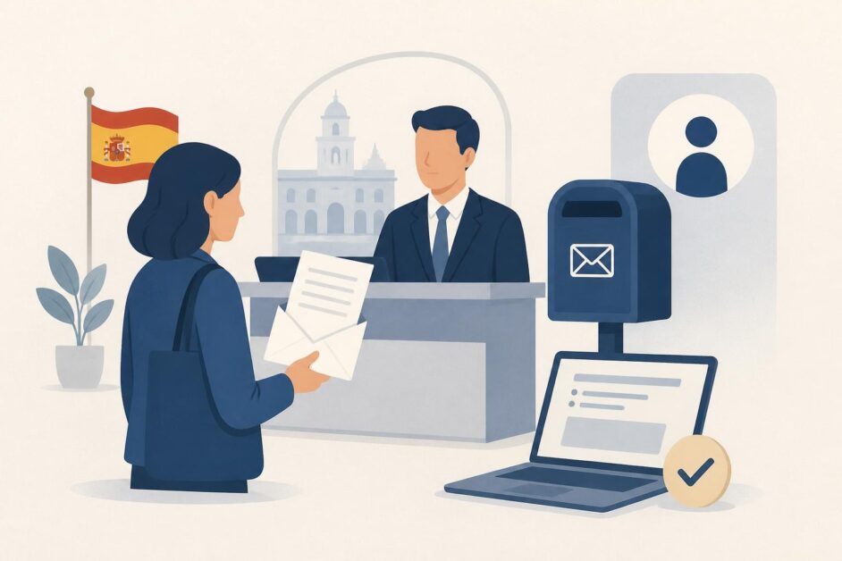 Persona entrega un escrito en un mostrador consular junto a un buzón y una computadora.