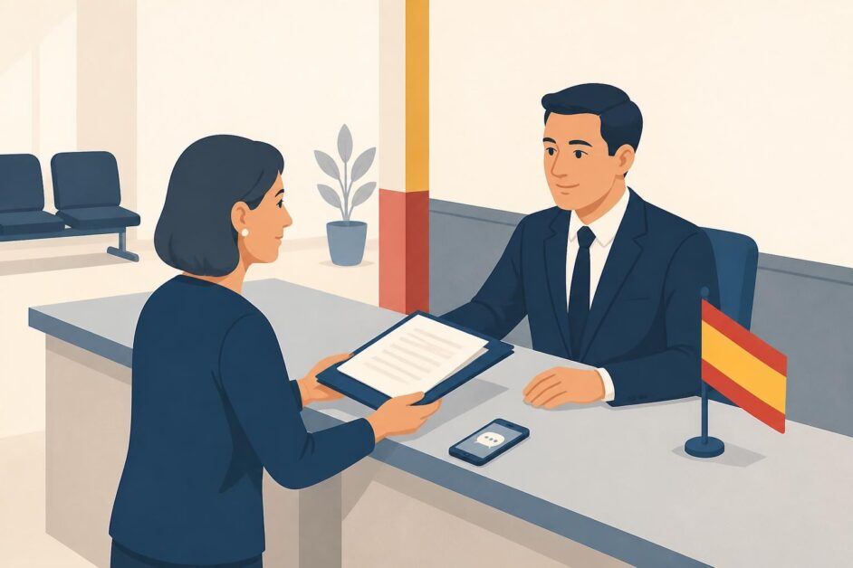Persona entrega documentos para una ayuda económica en una oficina consular española.