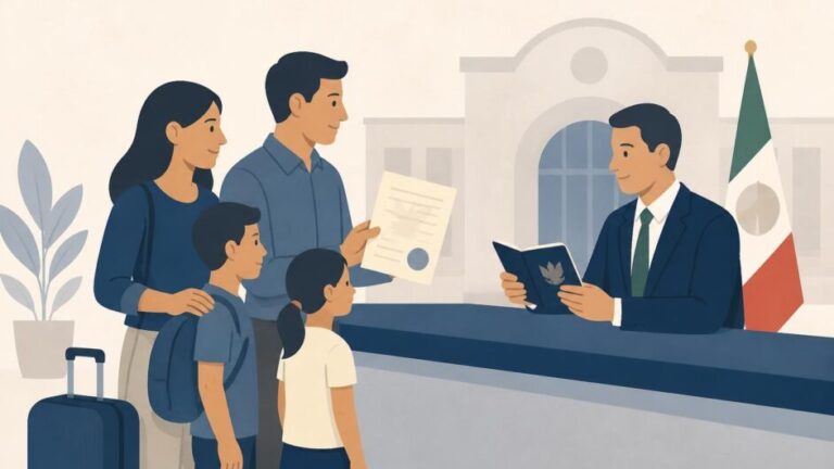 Familia ante un mostrador consular mientras revisan pasaporte y autorización migratoria.