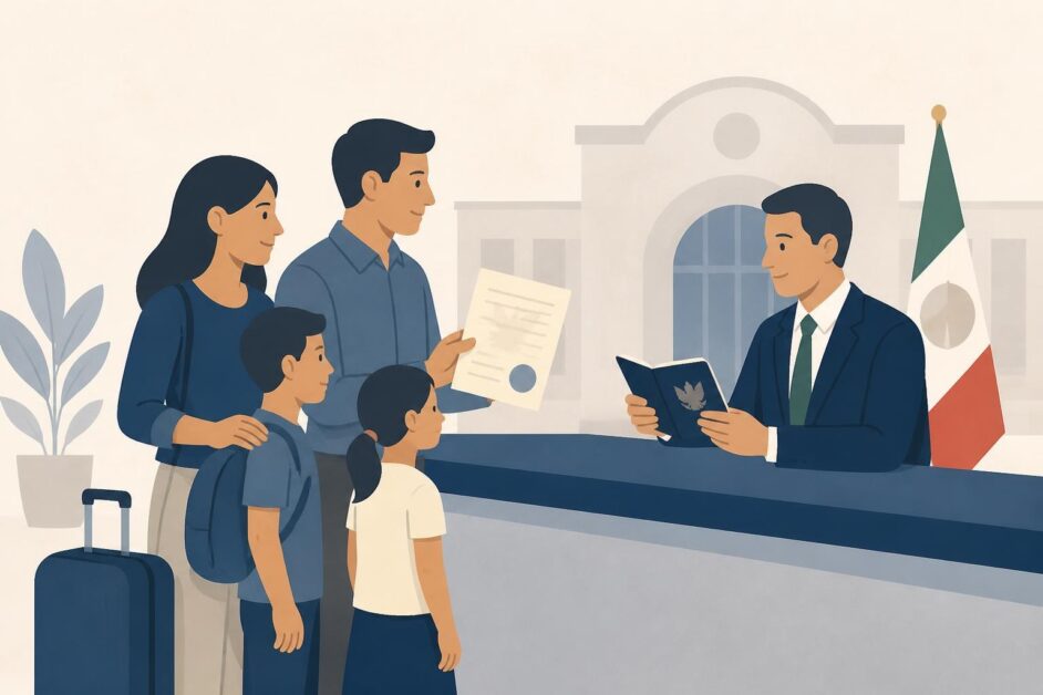 Familia ante un mostrador consular mientras revisan pasaporte y autorización migratoria.