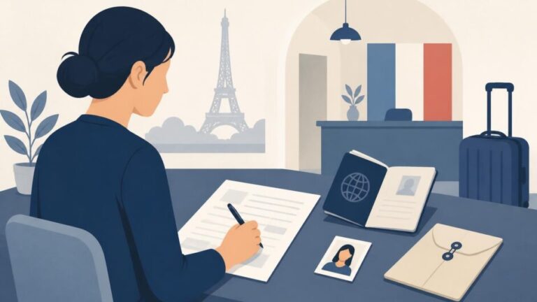 Persona organiza pasaporte, formulario y documentos para solicitar una visa de viaje a Francia.